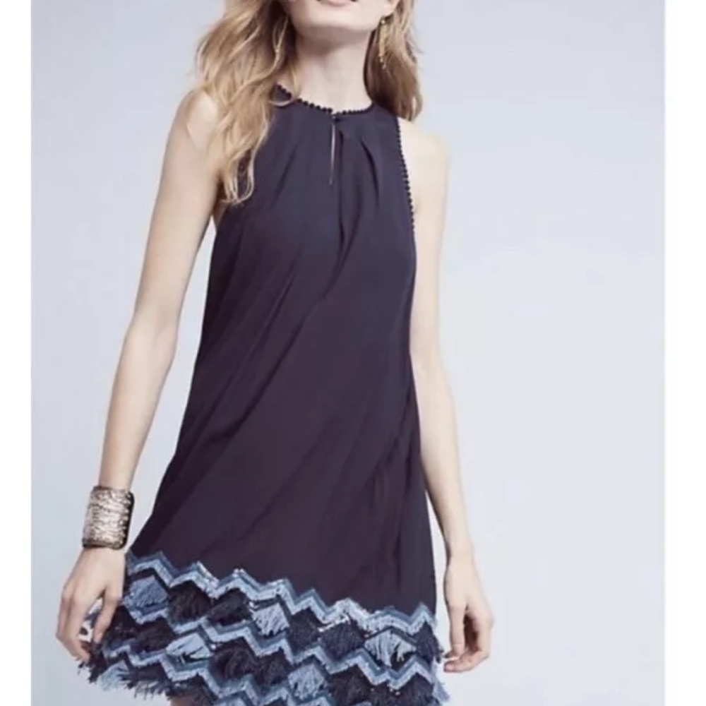 Anthropologie Maeve Festivity Fringe Dress Navy and Blue Size 2